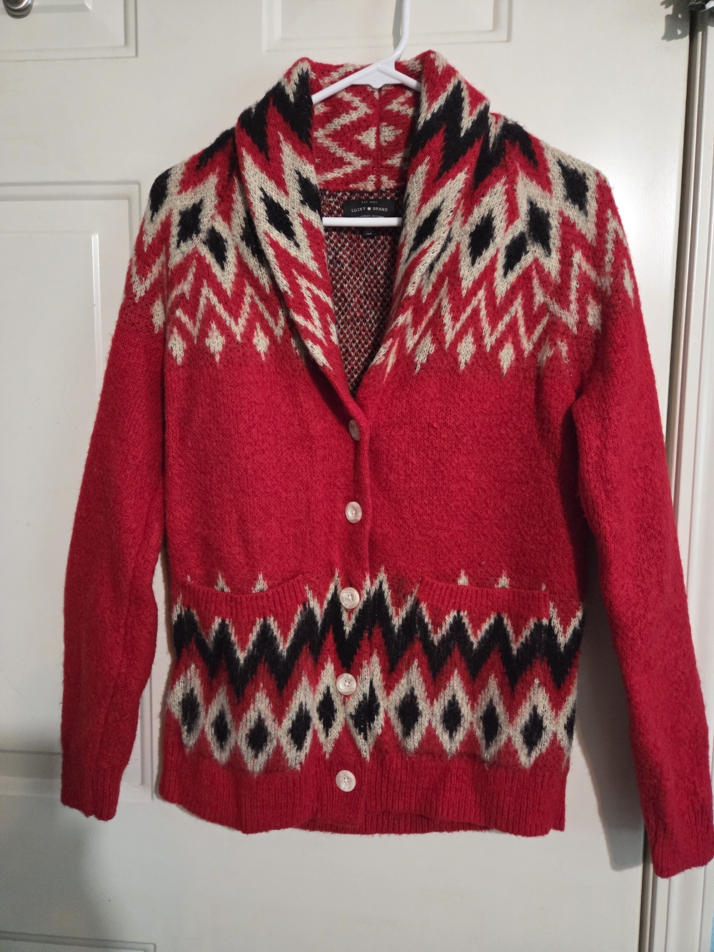 LUCKY BRAND Women's Sweater Red/BLack/ White SHAWL COLLAR LONG SLVo